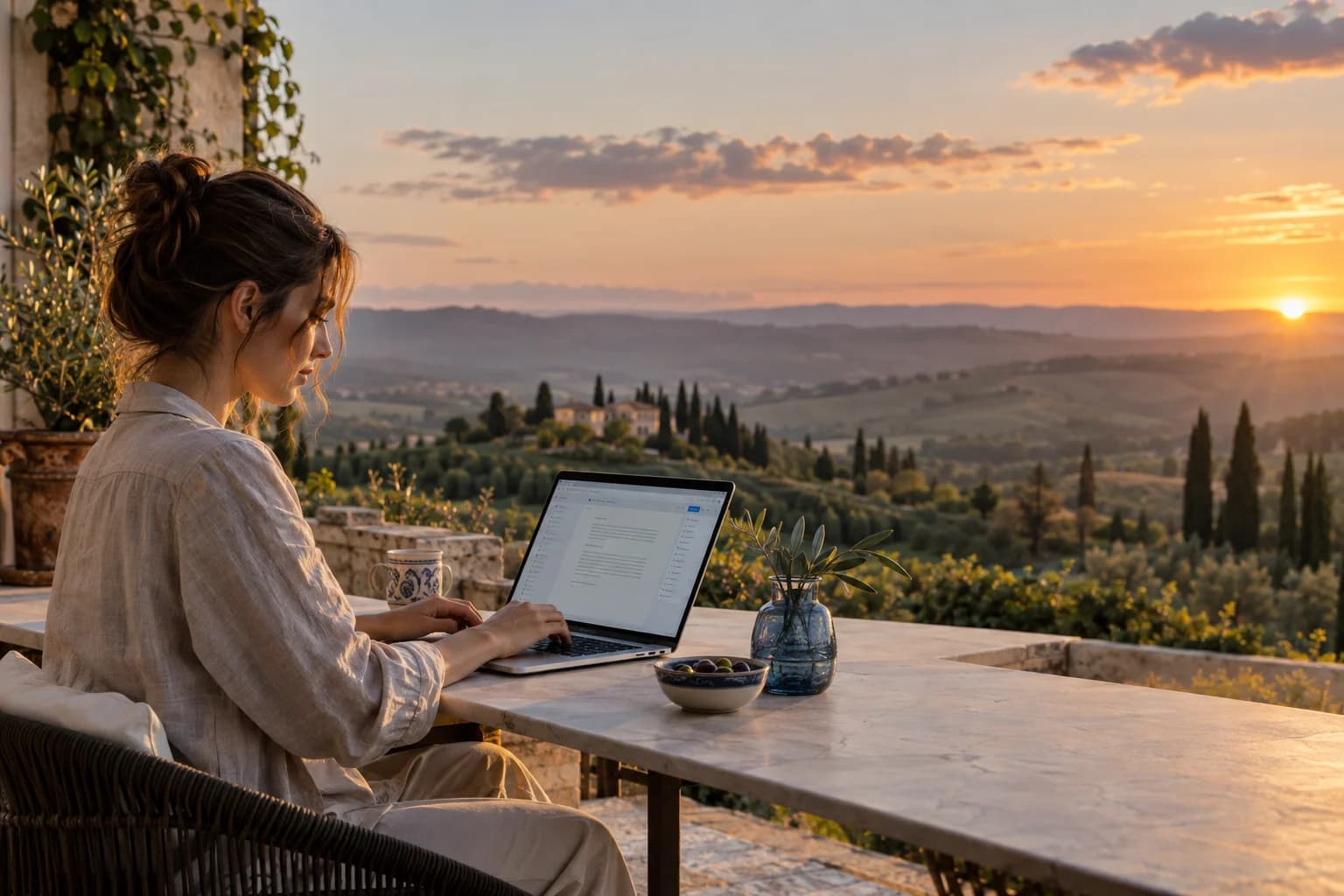 Una scrittrice lavora al laptop su una terrazza affacciata sulle colline