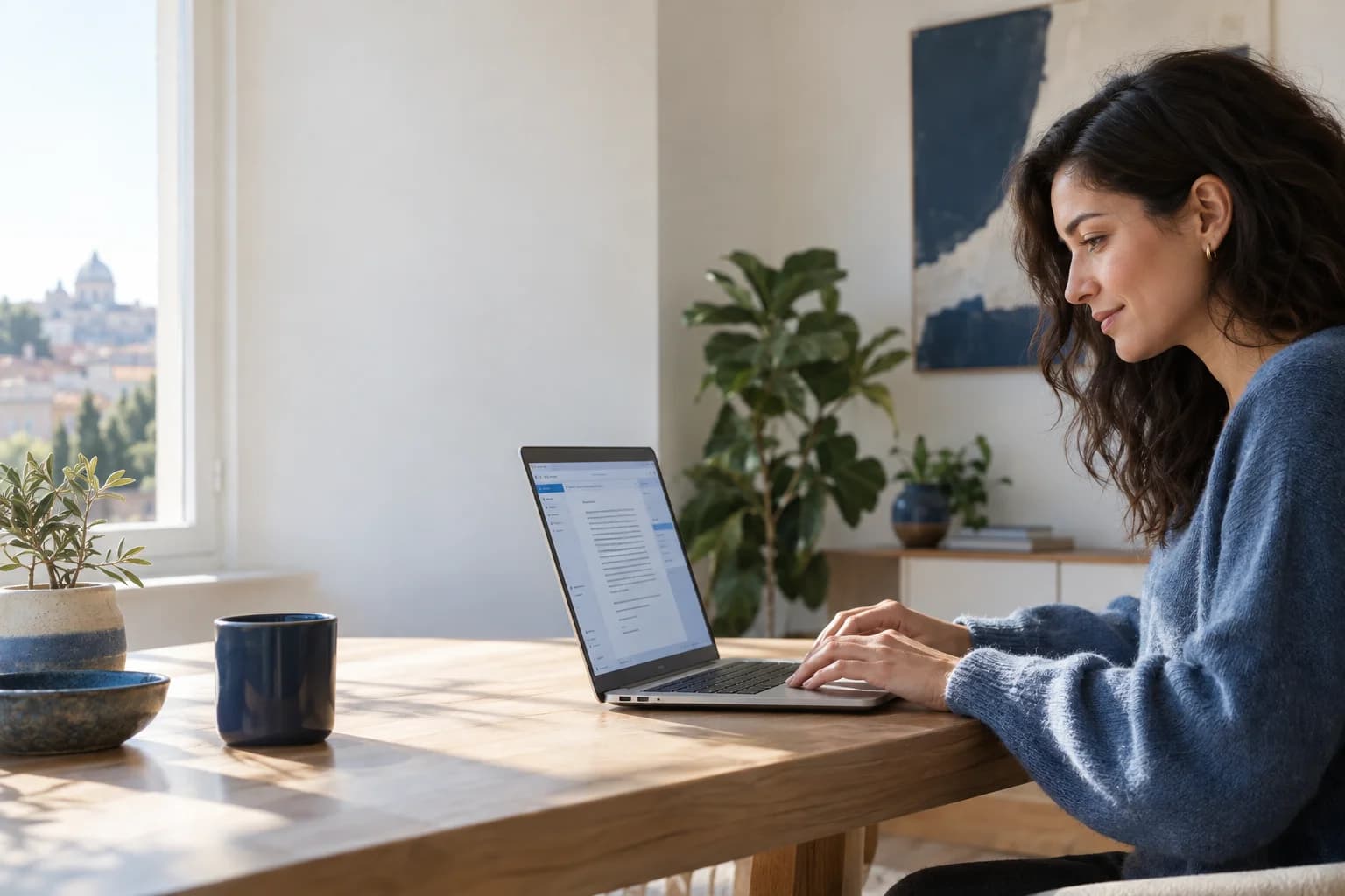 A writer works at a computer with a writing assistant