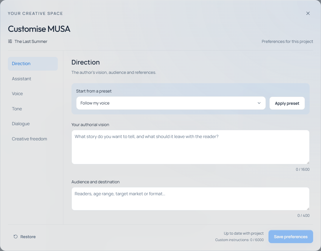 MUSA settings for the project