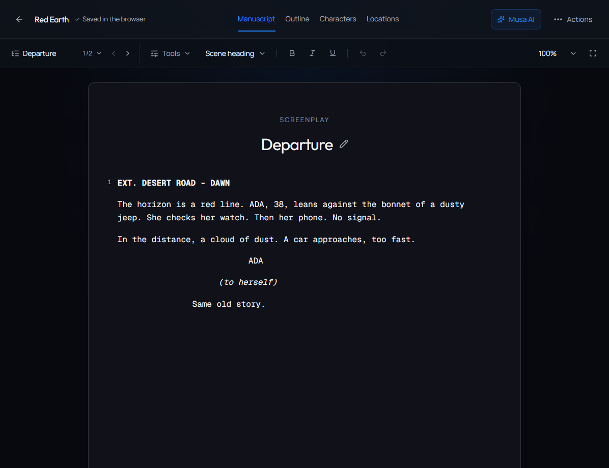 The screenplay editor, with scenes and dialogue formatting