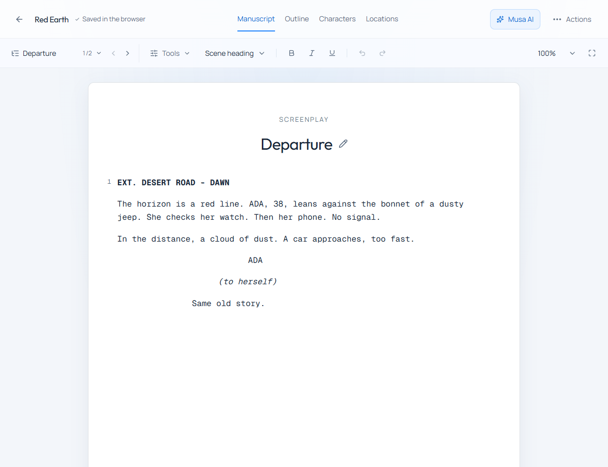 The screenplay editor, with scenes and dialogue formatting