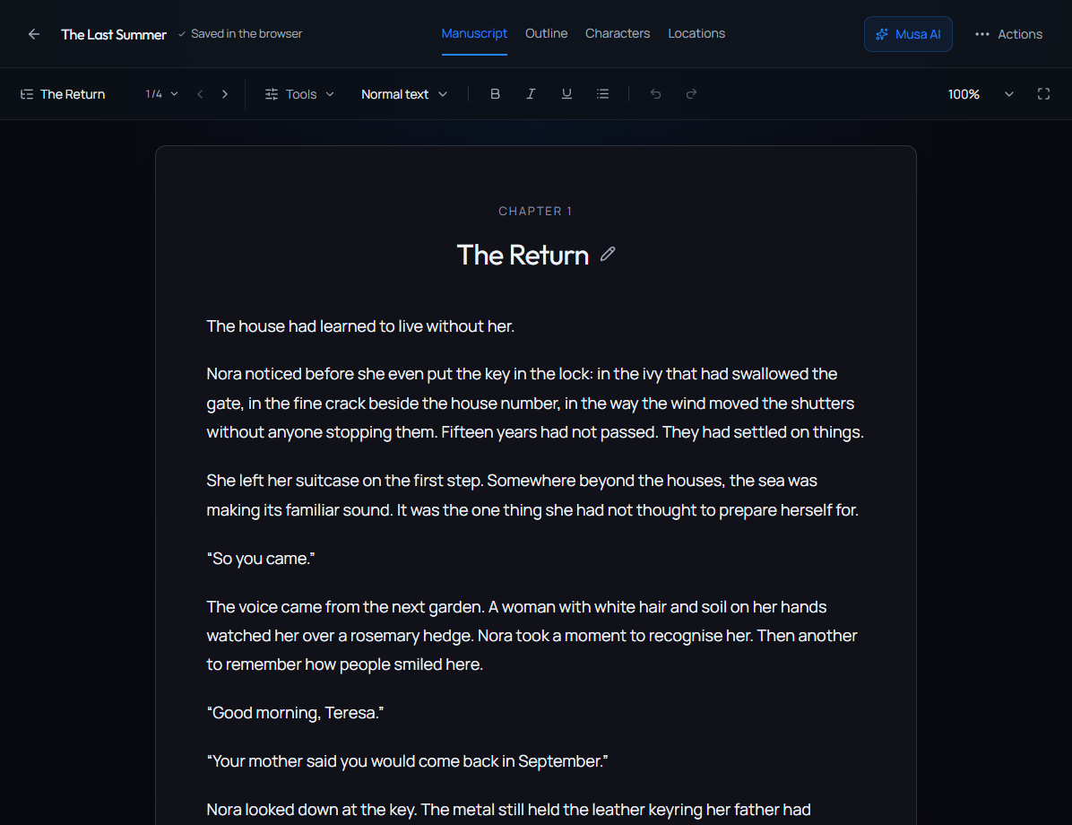 The novel editor, with chapters and writing tools
