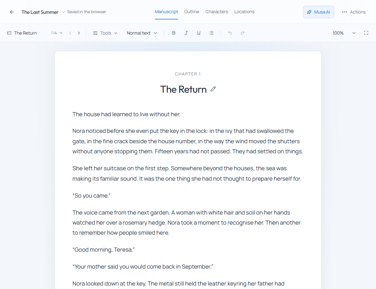 The novel editor, with chapters and writing tools